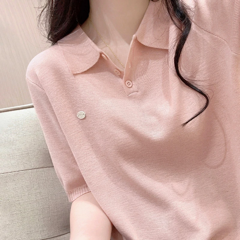 韩系Polo领短袖针织T恤翻领正肩短款减龄简约显白显瘦上衣