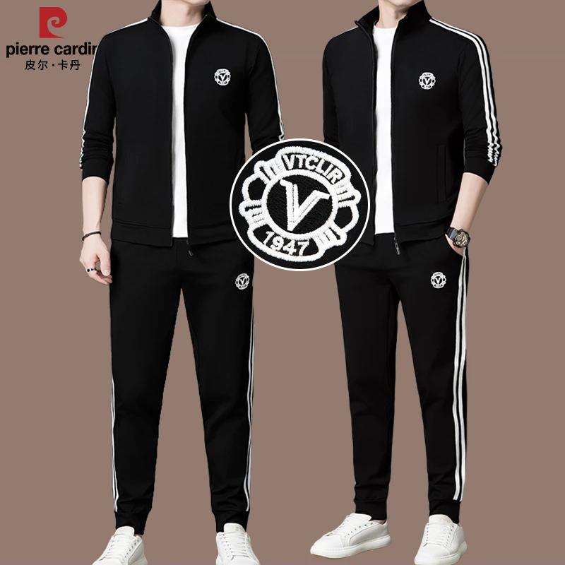 皮尔卡丹高档桑蚕丝男士休闲运动服套装男款轻奢外套时尚两件套潮