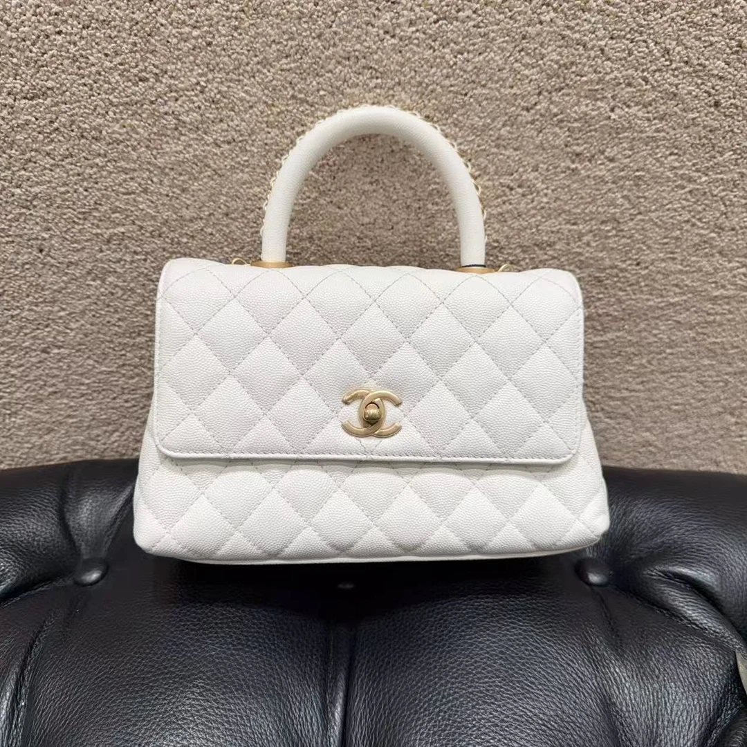 99新 Chanel/香奈儿 cocohandle珠光白小 皮穿链手柄荔枝牛皮