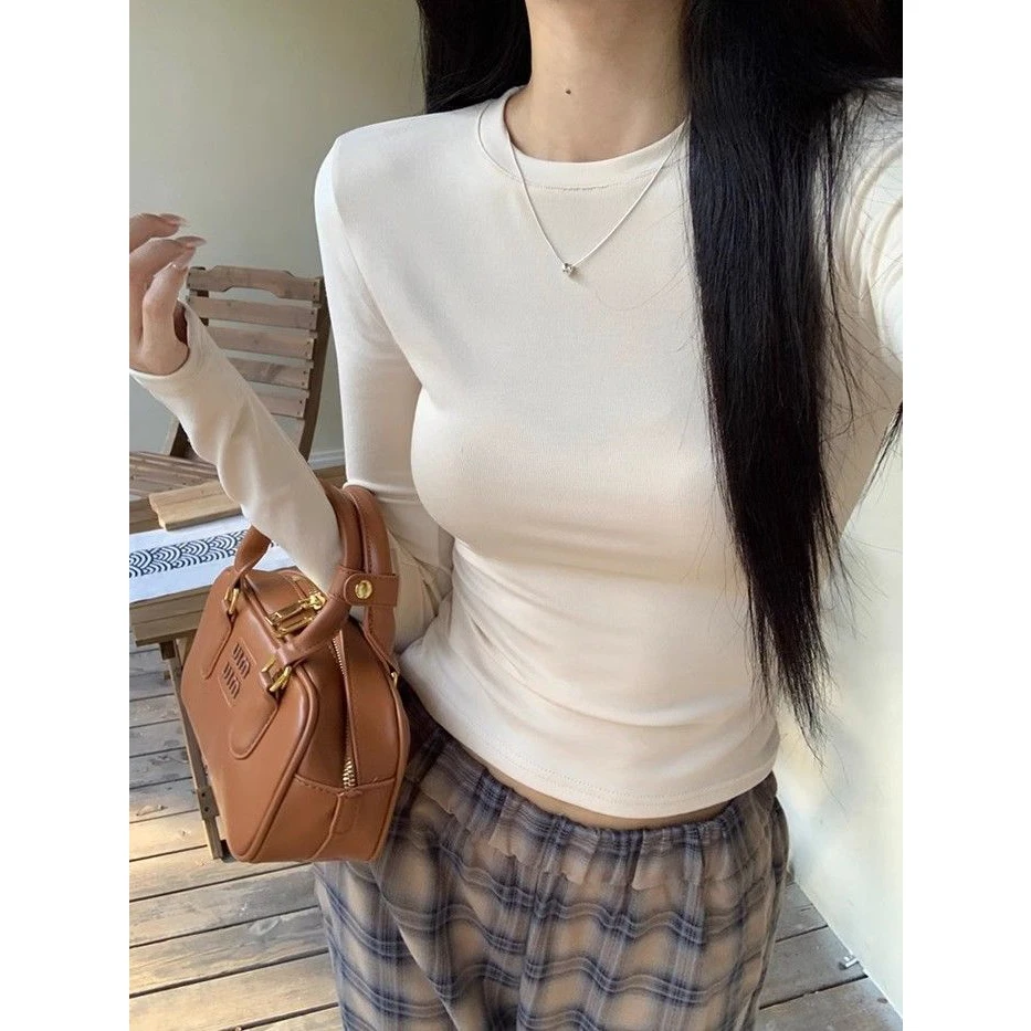 短款极简风显瘦白色朋克风长袖百搭T恤拼接针织秋冬洋气