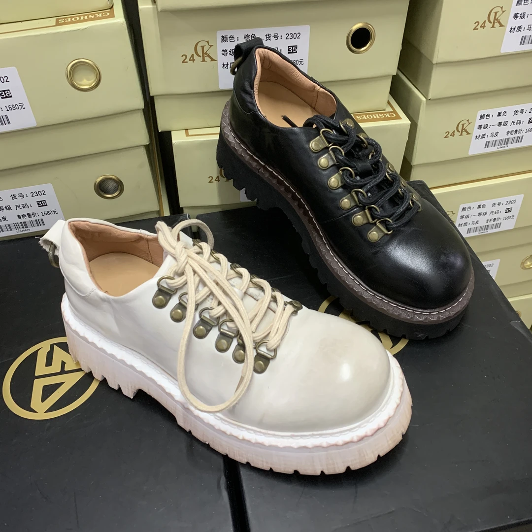 35/36/39/40头层马皮手工擦色个性系带单鞋女厚底百搭轻便