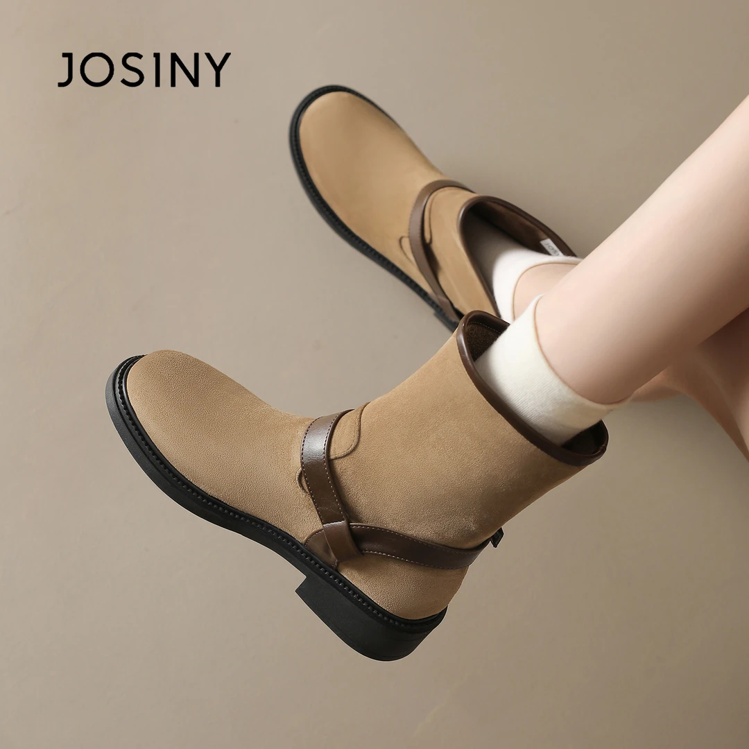 卓诗尼单靴女2025新款秋冬薄底增高中筒靴英伦风复古短靴方根女鞋