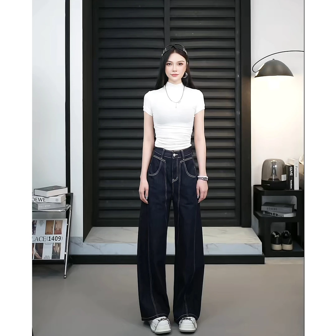 【TO&HR.GIRL】THE8989Q-丹宁蓝夏季中高腰阔腿牛仔休闲百搭拖地裤