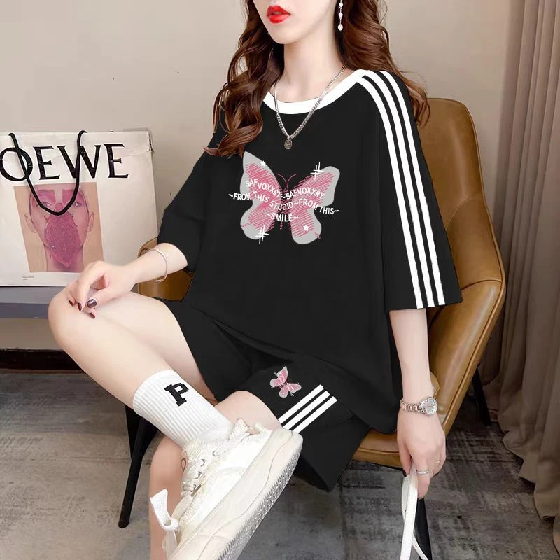 显瘦条纹运动套装女装2025新款爆款夏季韩版洋气宽松休闲服两件套