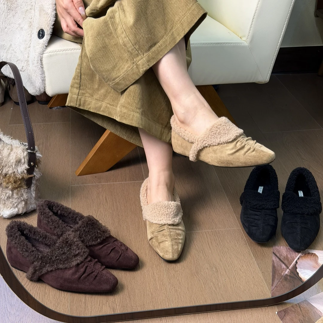 内增高复古绒面方头翻毛乐福鞋女2025年冬季新款毛毛单鞋 9283-22