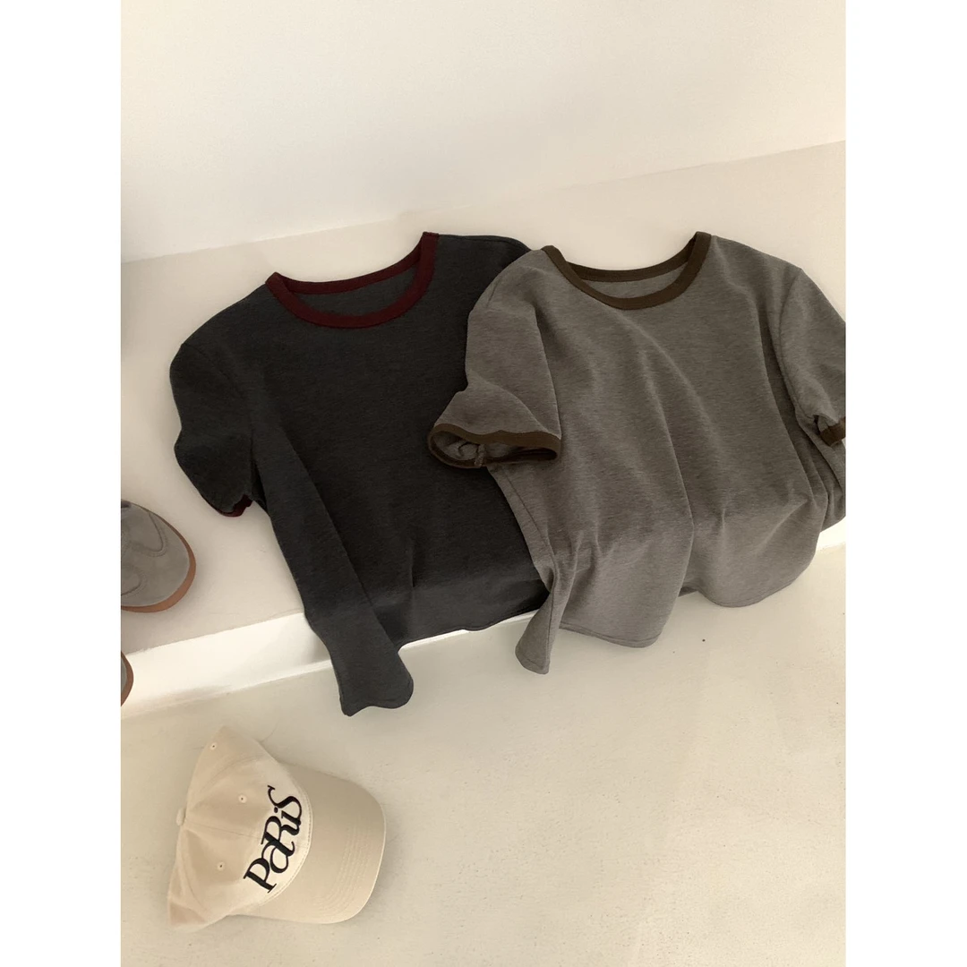 11801【撞色领短袖】Y韩单简约撞色领短袖T恤百搭显瘦设计感短袖