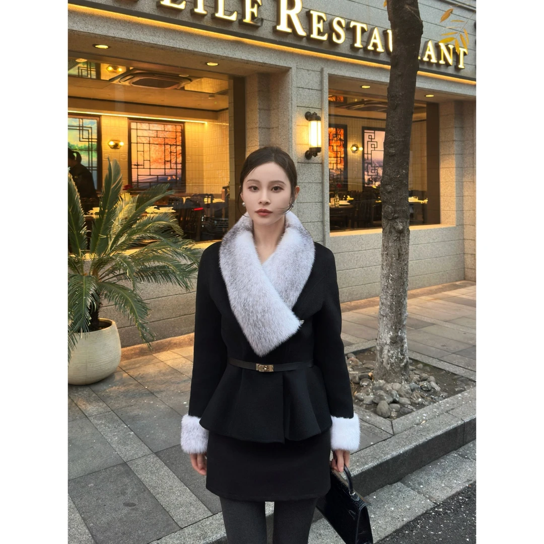 LZQ[波斯密语]毛毛拼接领气质双面呢收腰羊毛外套冬XMZH11095大衣