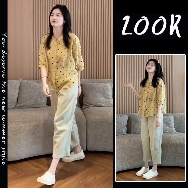 可甜可盐炸街套装女法式洋气波点短袖衬衫时尚高腰遮胯百搭休闲裤
