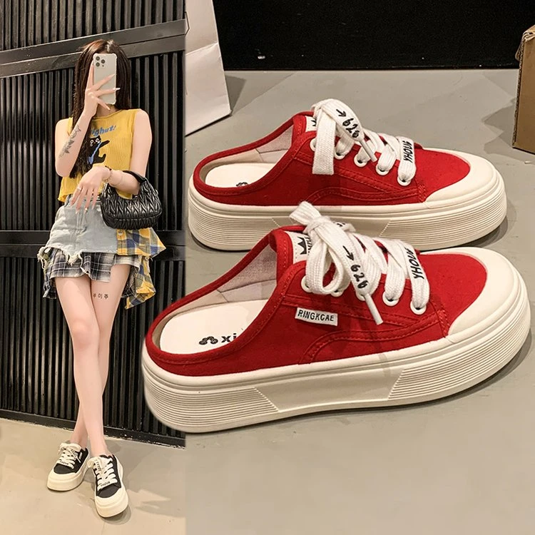 包头半拖鞋女夏外穿2025新款透气无后跟一脚蹬懒人帆布鞋厚底凉拖