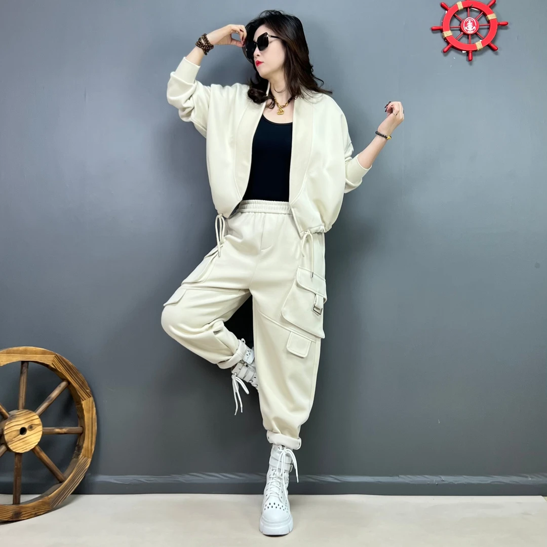 春款开衫减龄时尚百搭小洋气螺纹拼接外套、显瘦百搭口袋工装裤