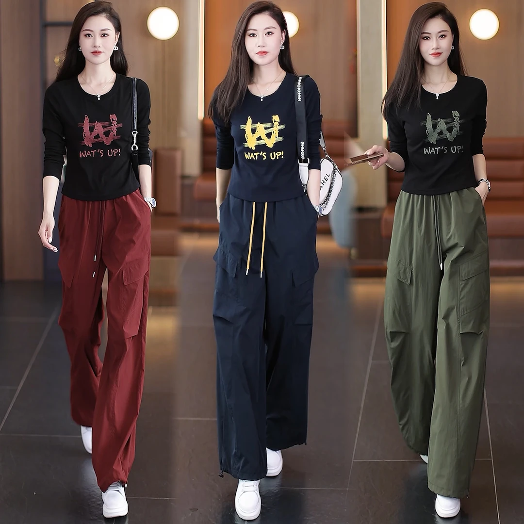 休闲运动套装女2025秋季新款洋气显瘦字母长袖T恤工装裤两件套潮