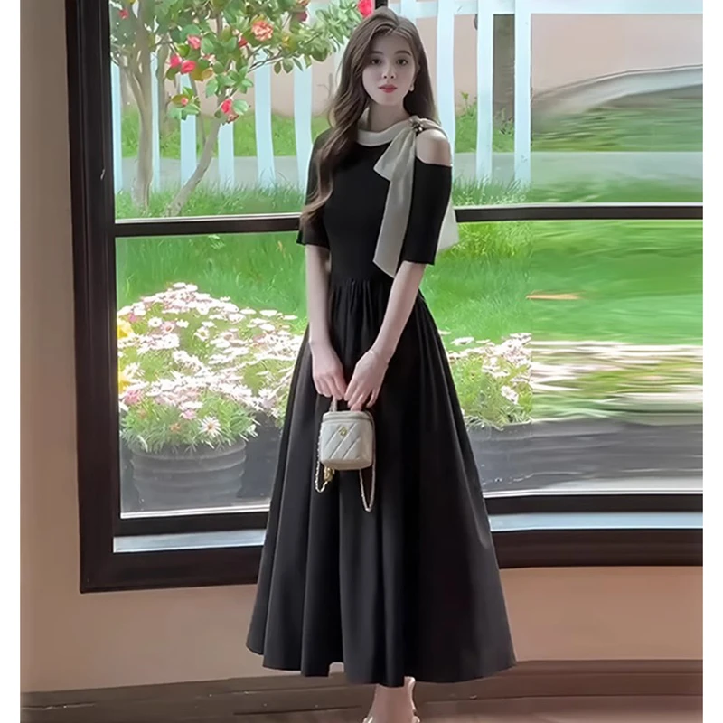 黑色连衣裙气质名媛高端女神范高级感法式礼服长款裙子夏D1840