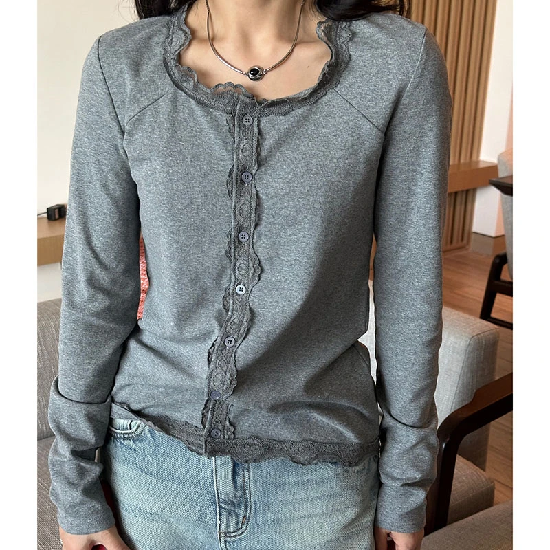 LYXZ x 大小与【迷离】春季新款圆领蕾丝花边开衫长袖上衣T恤76168