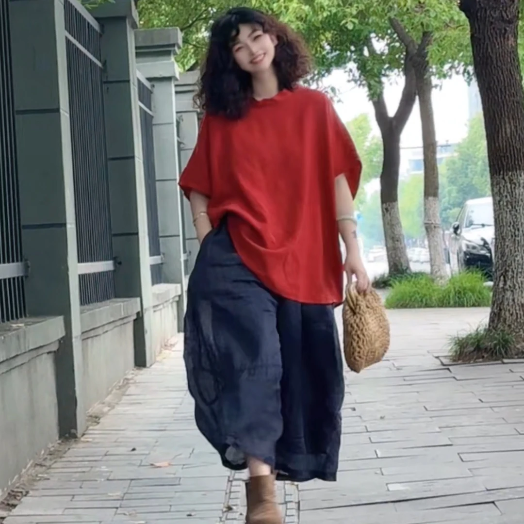 【若汐女装】夏季宽松休闲百搭设计款韩系文艺风飘带亚麻上衣27007