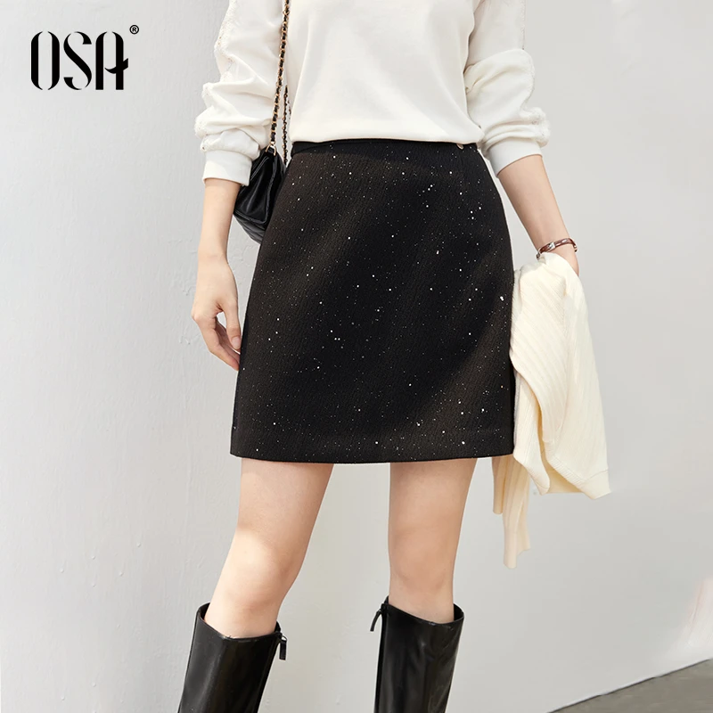 OSA/欧莎 树纹亮片包臀短裙女气质通勤小香风a字半身裙S125C51014