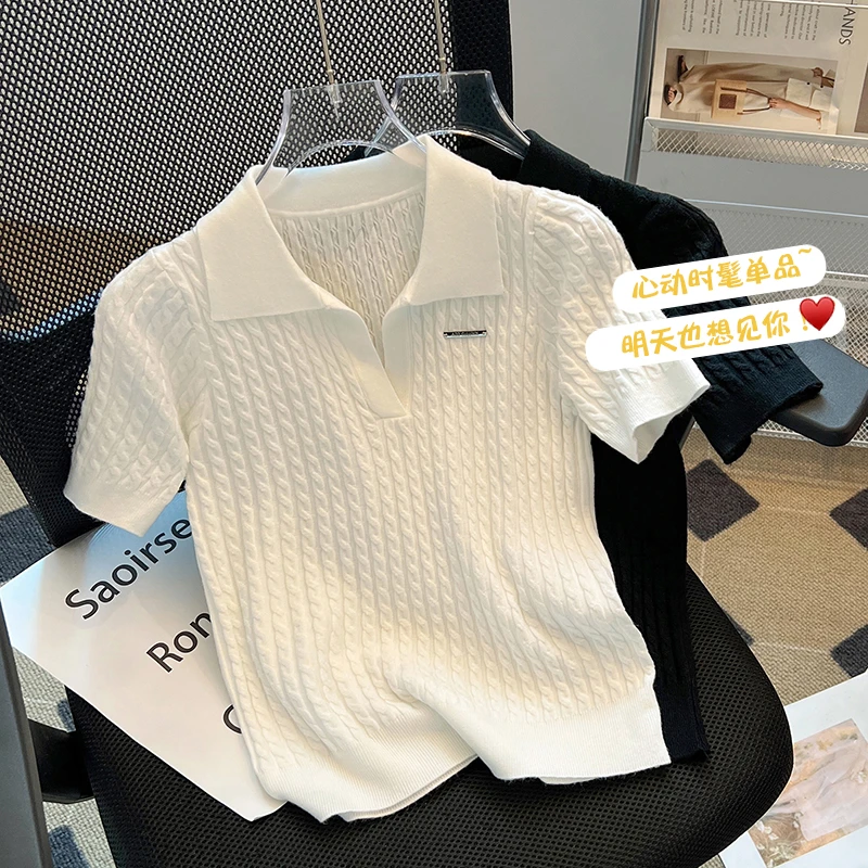 白Polo衫翻领针织短袖t恤女夏装设计感别致修身短款打底正肩上衣