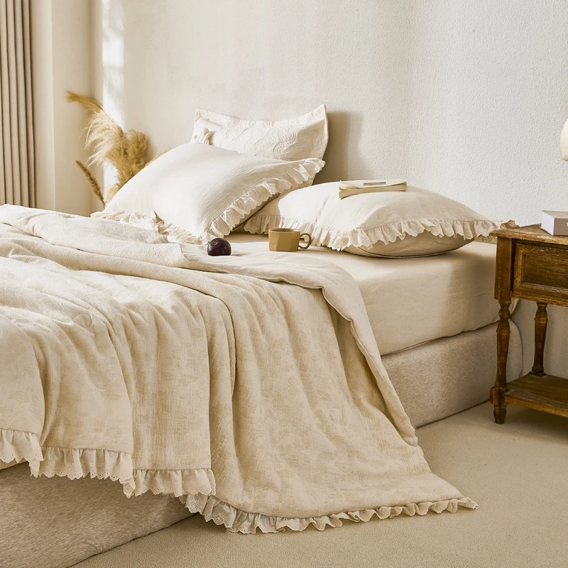 叶影-进口雨露亚麻棉麻双层纱提花大豆纤维夏被四件套