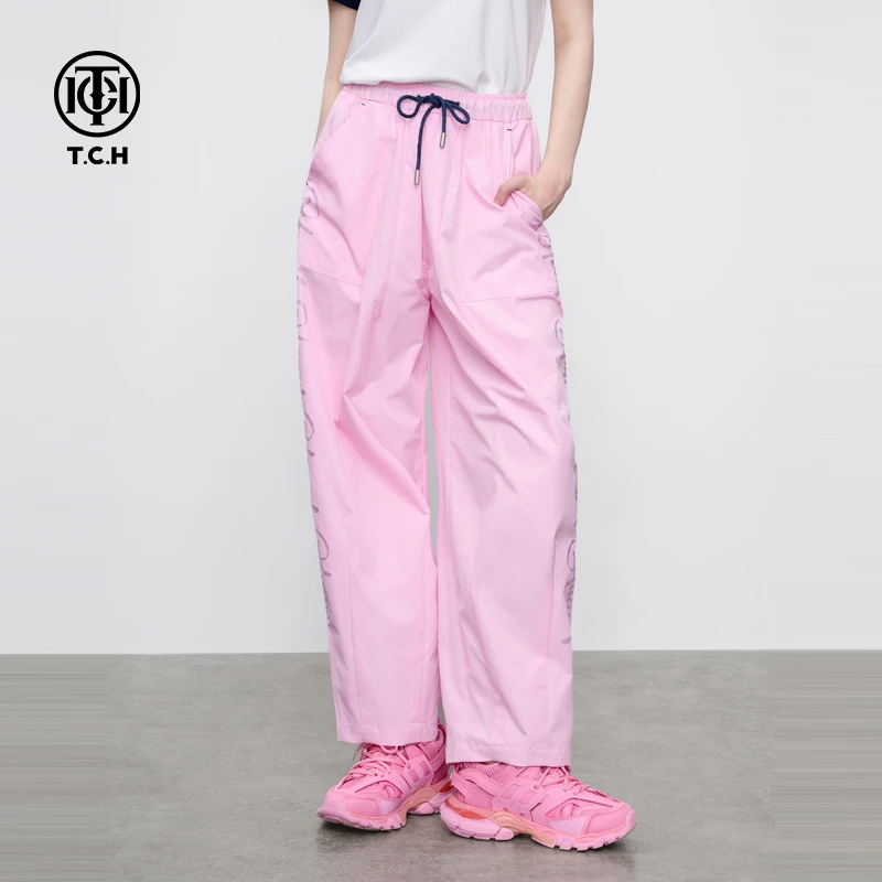 TCH轻奢烫钻粉色宽松慵懒风阔腿裤子休闲裤女T75A208026私服tch