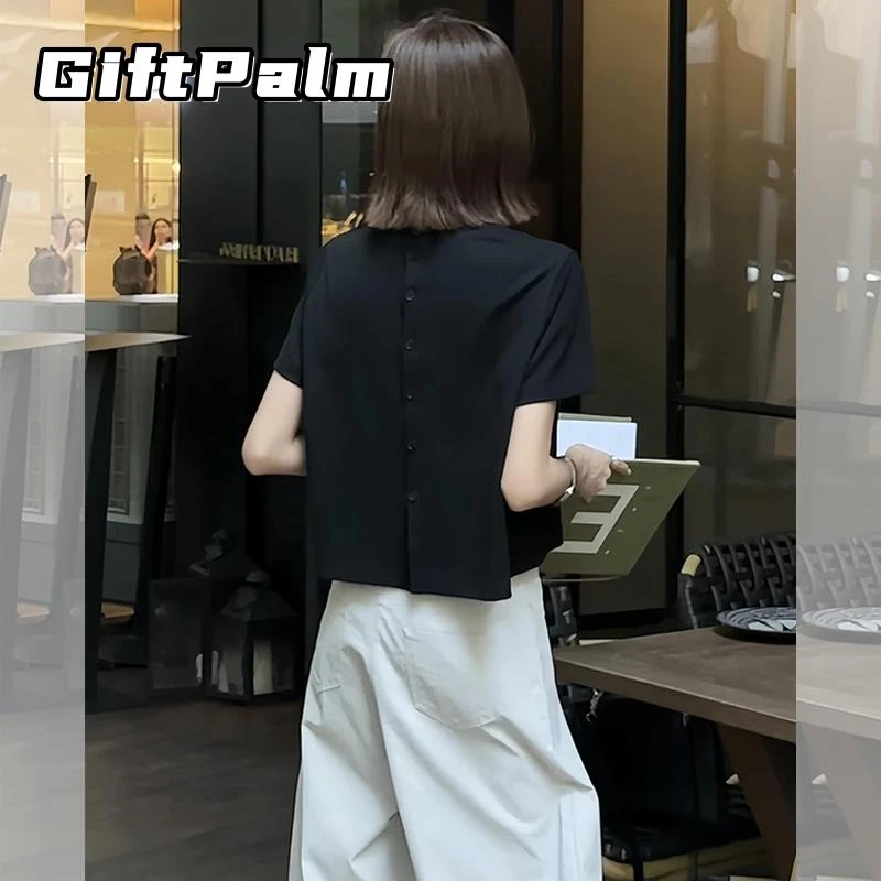 GiftPalm高级感黑色后背排扣设计短袖t恤女士夏季新款小众不撞款