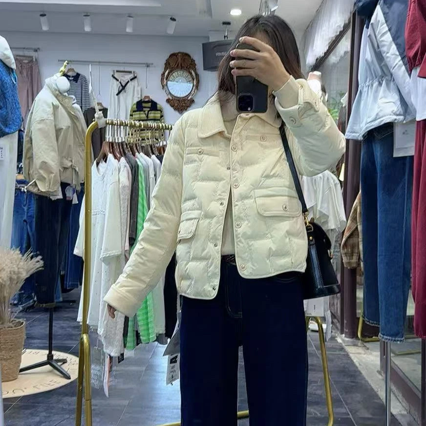 秋冬新款翻领小香风设计名媛淑女鸭绒内胆外套棉服棉衣通勤二棉潮