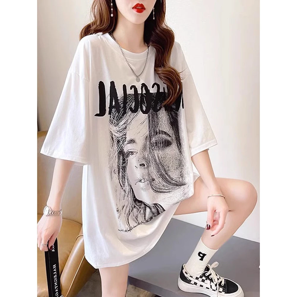 欧货大版白色印花短袖T恤女2025夏季新款宽松中长款半袖圆领上衣