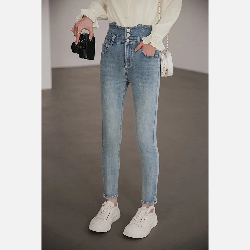 【季末折扣】A4腰牛仔裤高腰小脚裤紧身显瘦九分牛仔裤