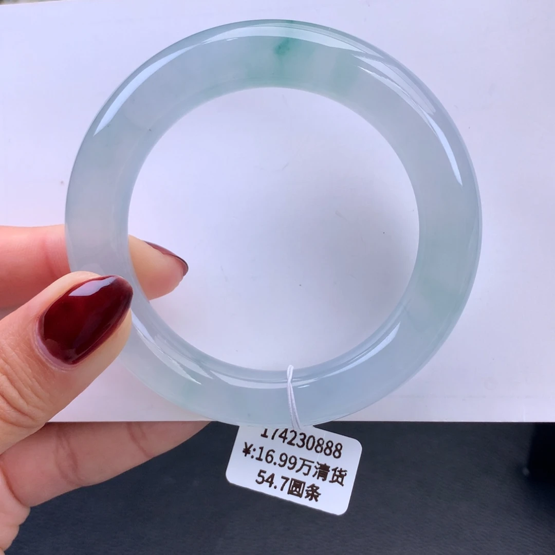 翡翠手镯未镶嵌冰胶蓝底蓝花圆条手镯