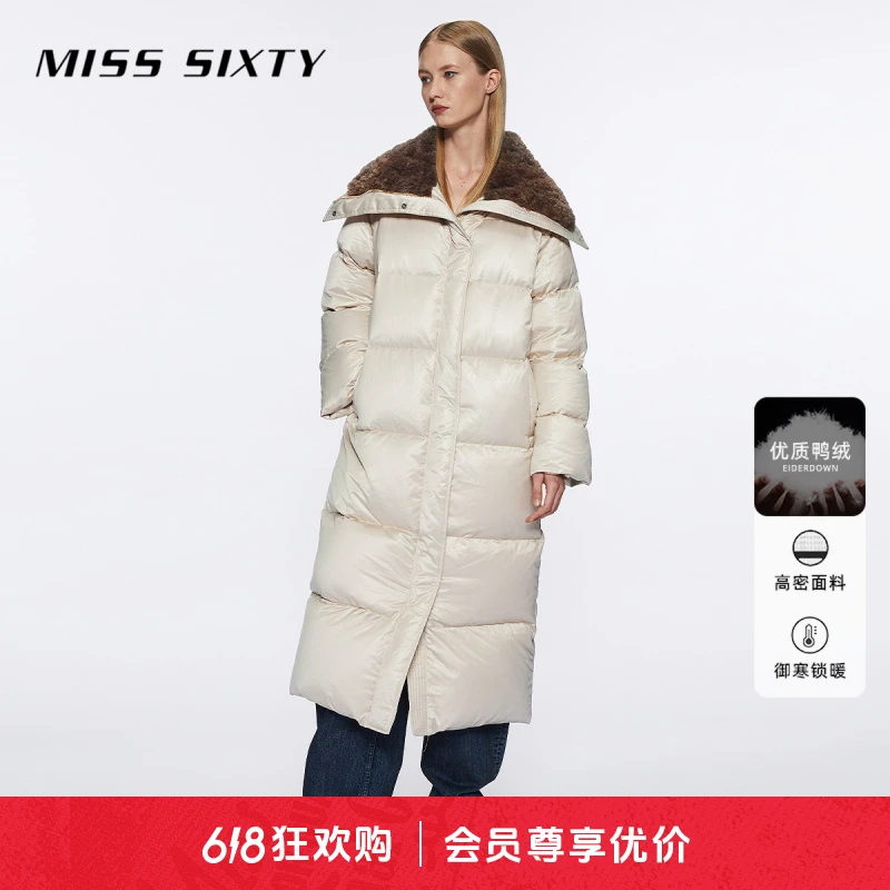 Miss Sixty冬季新款羽绒服女仿毛领长款大衣外套鸭绒百搭休闲