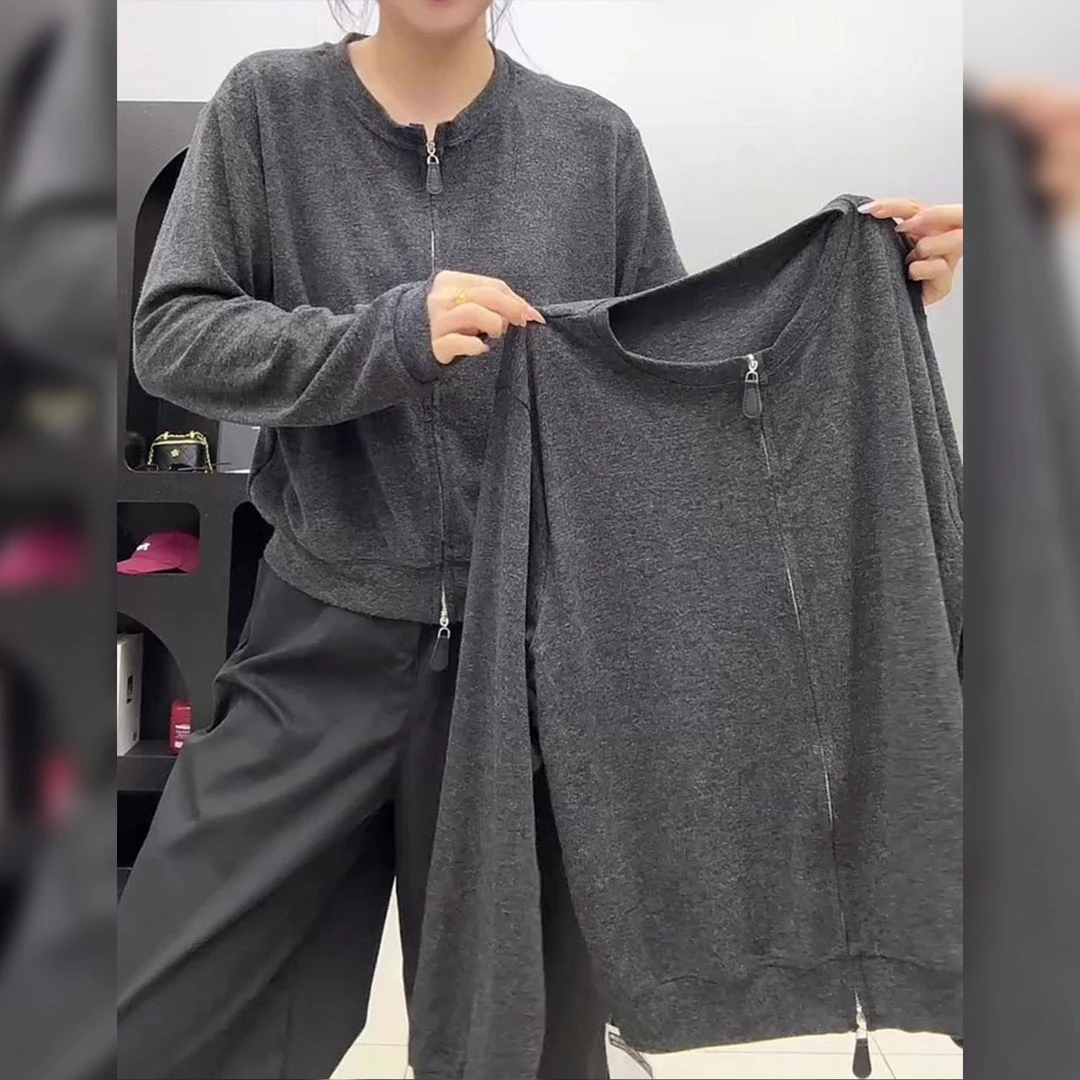 韩版复古风圆领拉链设计长袖女2025年春秋新款简约休闲百搭上衣女