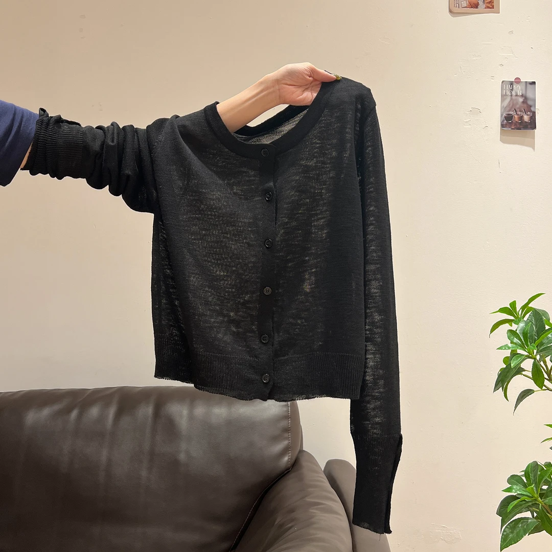 黑色时尚高级感气质薄款冰丝开衫长袖T恤上衣女士2025秋夏季新款