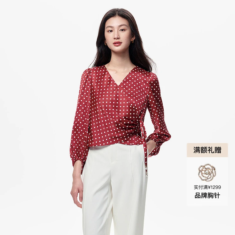 【专柜C位款】珂莱蒂尔商场同款红色波点气质港风时尚女士秋季上衣