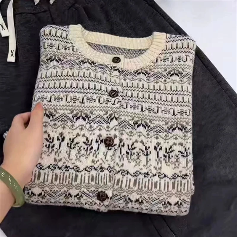 「费尔岛植物花卉」复古民族风提花针织开衫拼色女装毛衣外套上衣