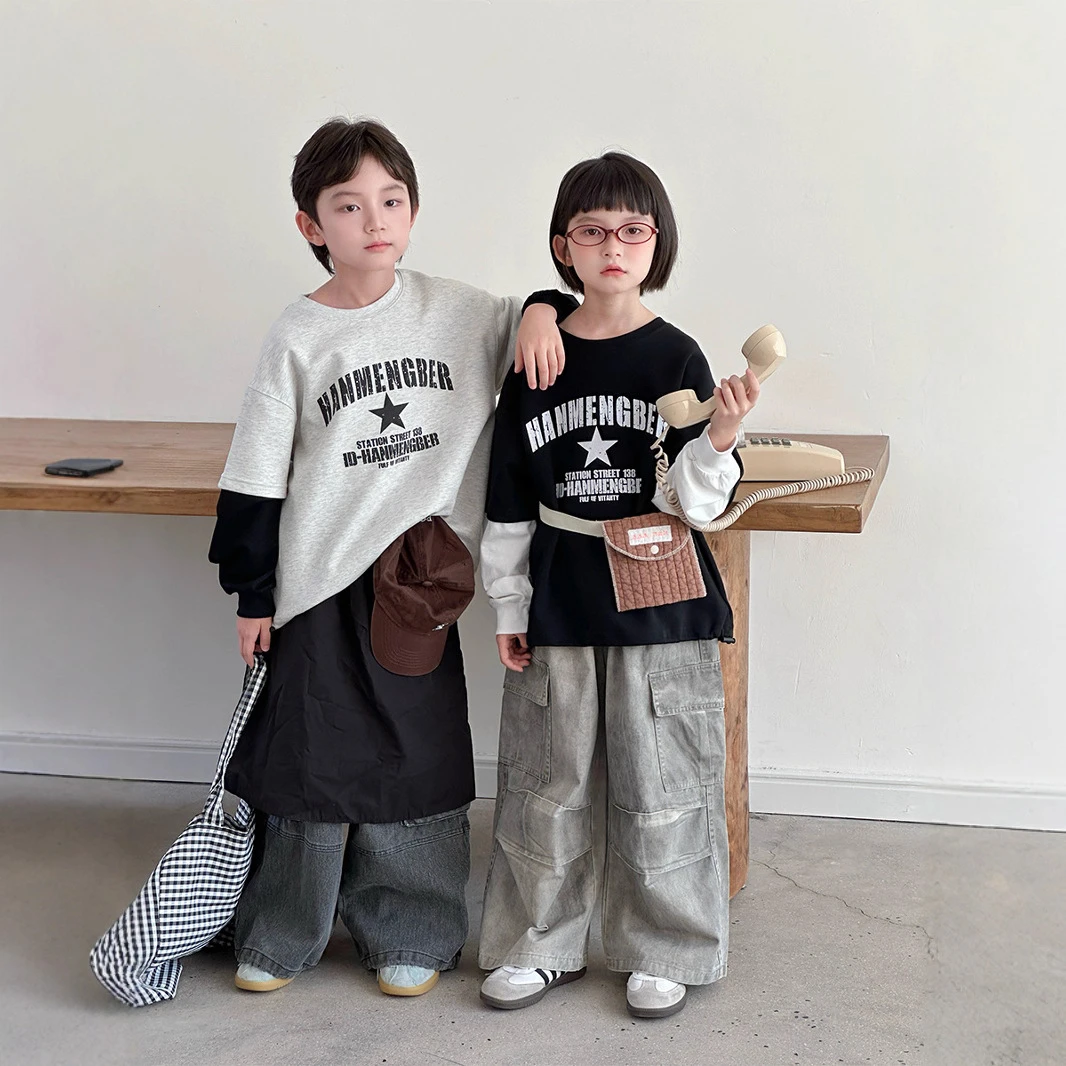 秋季新款韩版星星印花撞色卫衣春秋儿童男女童假两件字母宽松上衣