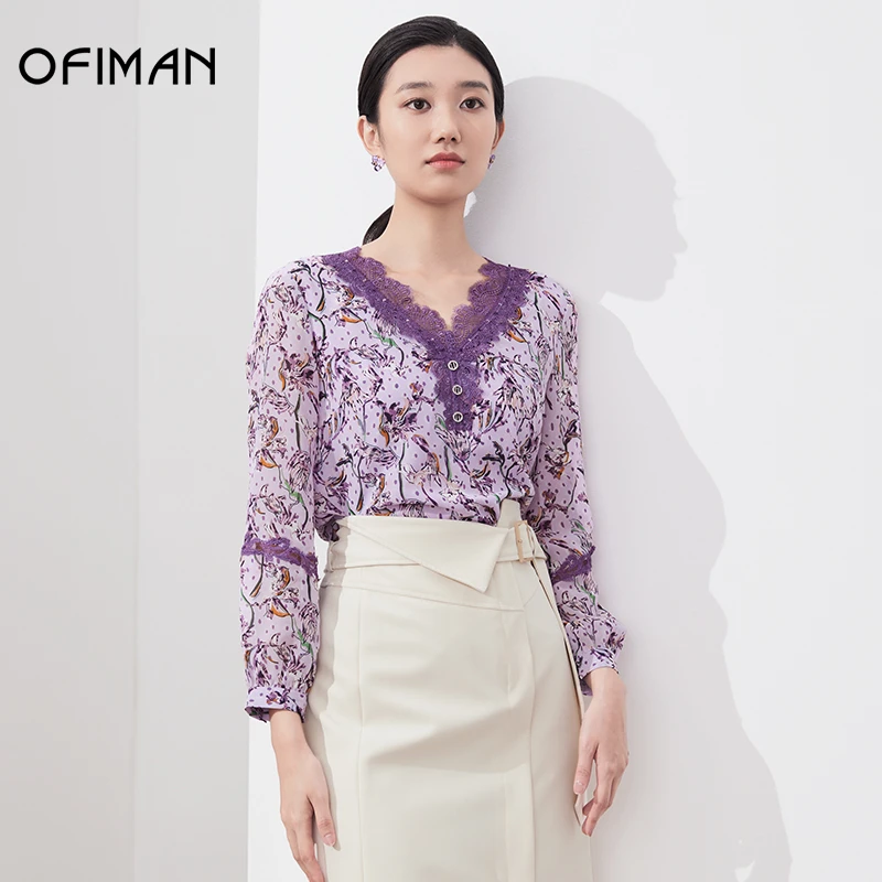 【小熊专属】Ofiman年秋季印花上衣V领勾花镂空通勤衬衫