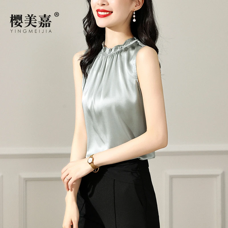 樱美嘉纯色真丝背心女花边领气质打底内搭外穿无袖桑蚕丝上衣夏H