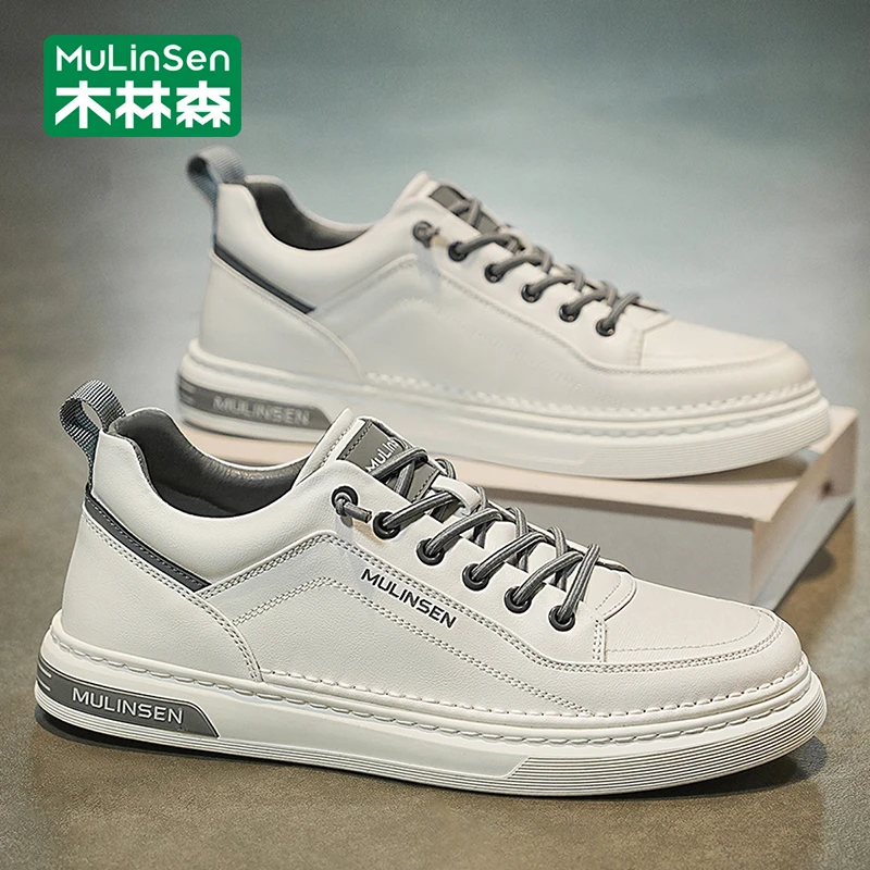 木林森板鞋男款2025新款秋季皮面男士小白鞋休闲工作软底运动潮鞋