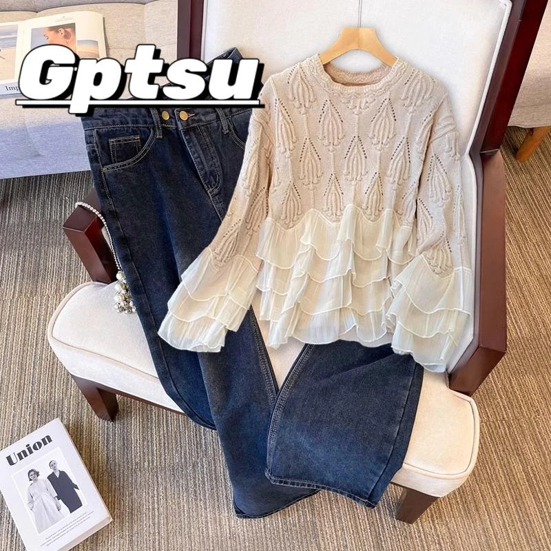 GPTSu大码女装春季搭配一整套洋气法式轻熟风毛衣牛仔裤两件套潮