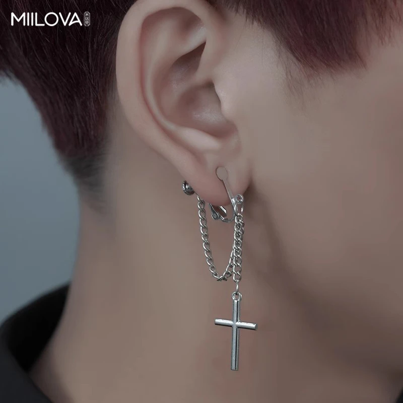 钛钢耳饰 十字架耳环男款轻奢小众高级感耳钉耳夹耳坠情侣长款