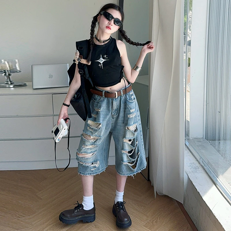 女童套装无袖背心美式复古设计感破洞七分牛仔裤两件套2025夏童装