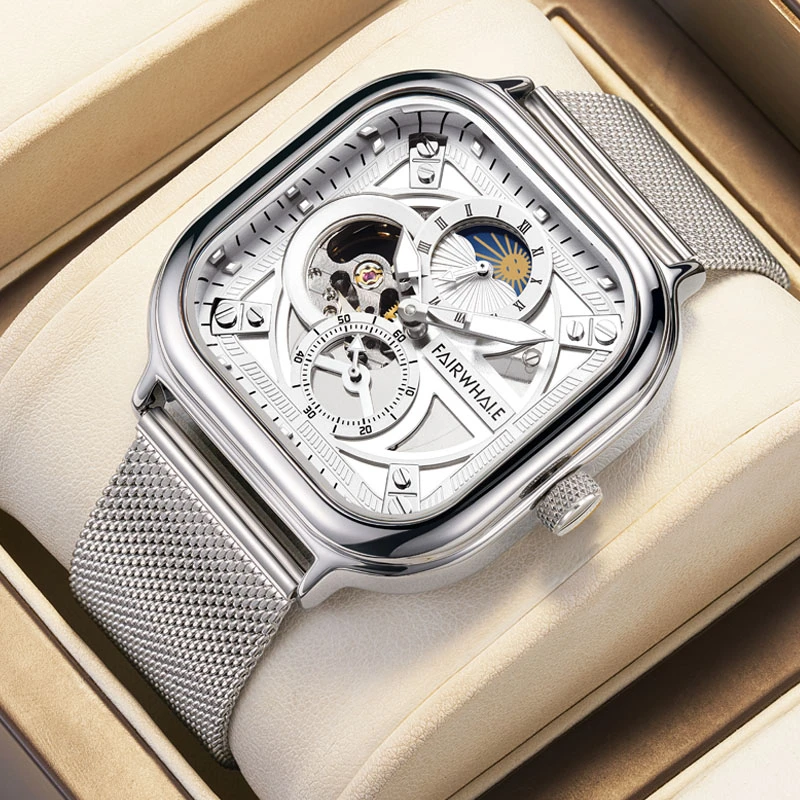 【品牌直销】马克华菲防水潮流镂空方形夜光时尚男士自动机械表6290