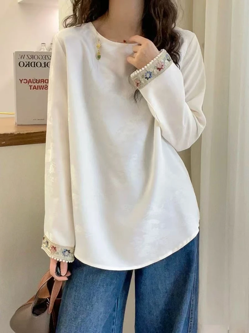 国风新中式百搭长袖提花时尚白色上衣ins打底冰丝