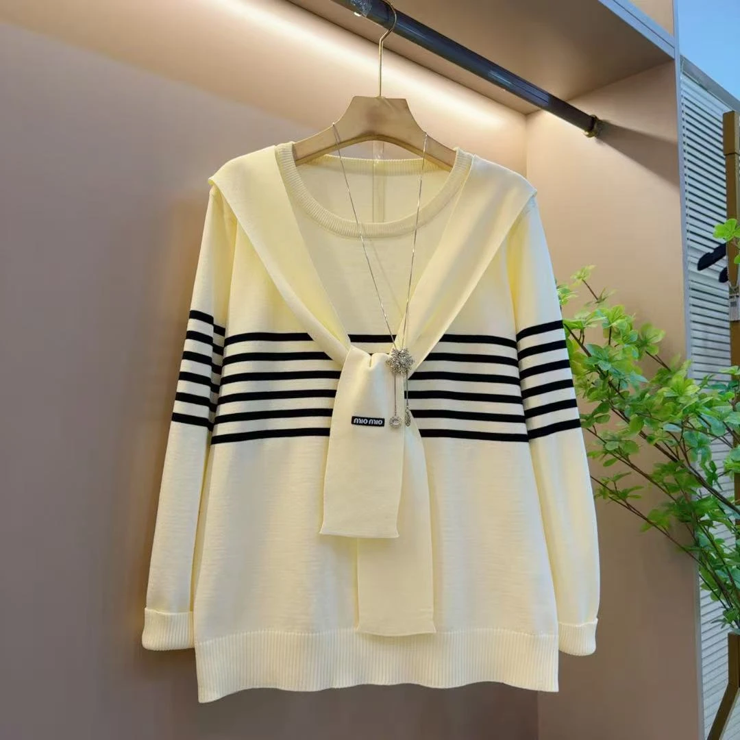 洋气春秋女款圆领简约设计感宽松条纹针织系带上衣（长66左右）