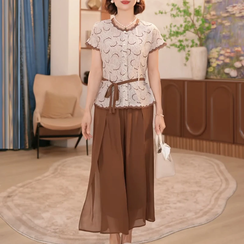 时尚气质花边领印花中式宽松显瘦小衫套装女洋气减龄妈妈装两件套