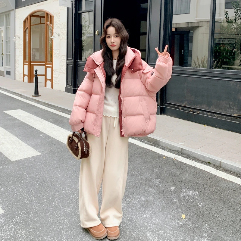 粉色学院风短款连帽羽绒服女2025冬韩系小个子减龄保暖白鸭绒外套