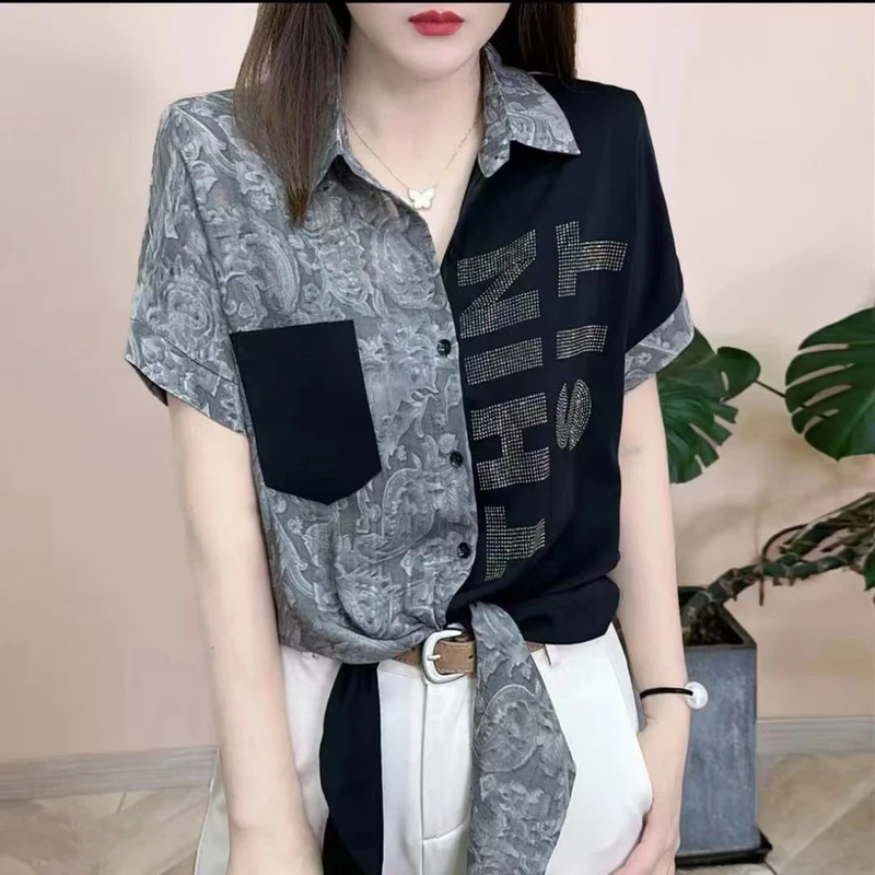 夏季新款时尚洋气百搭显瘦气质烫钻个性拼接POLO衫领女士短袖上衣