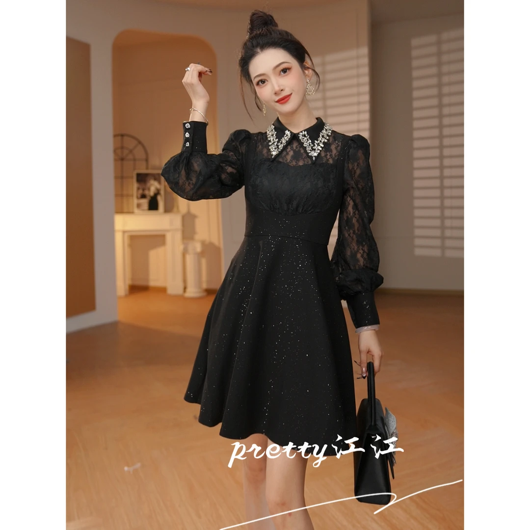 Pretty小众设计师品牌江江定制 蕾丝拼接长袖赫本风连衣裙21924