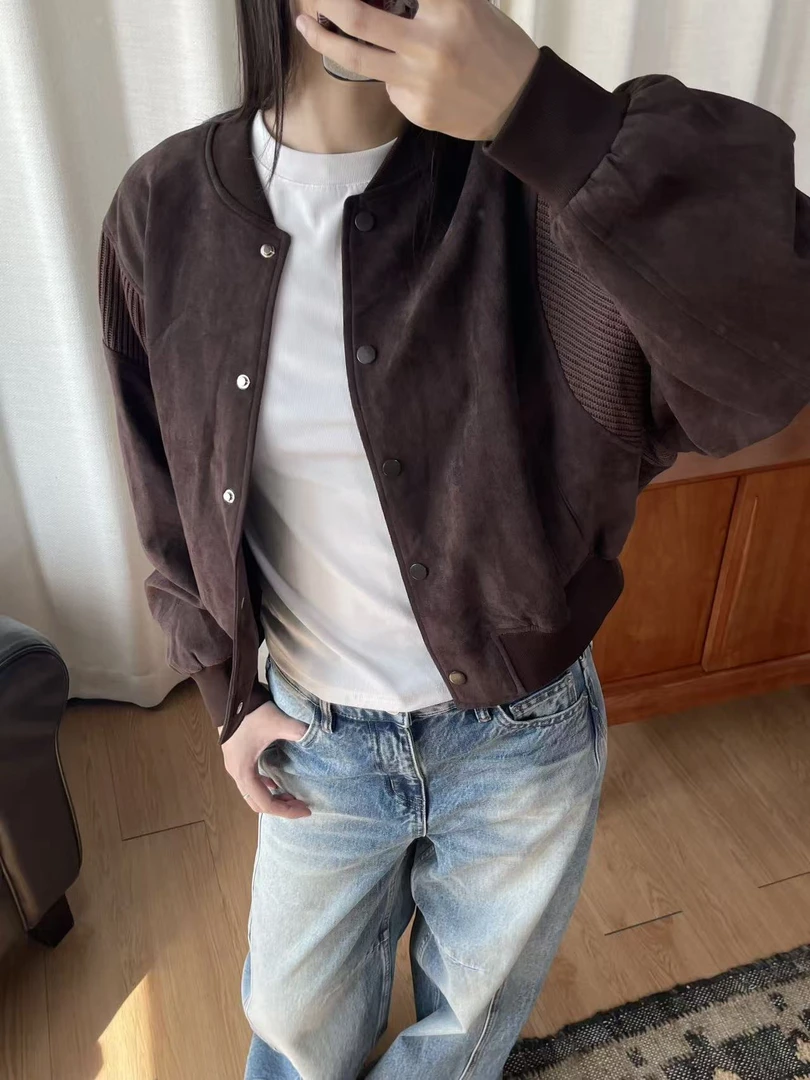 【鹿皮绒】美式麂鹿皮棒球夹克螺纹下摆短外套