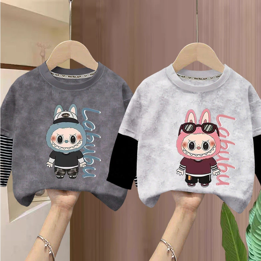 儿童春秋季新款纯棉假两件长袖T恤男女童宝宝卡通布布上衣打底衫t