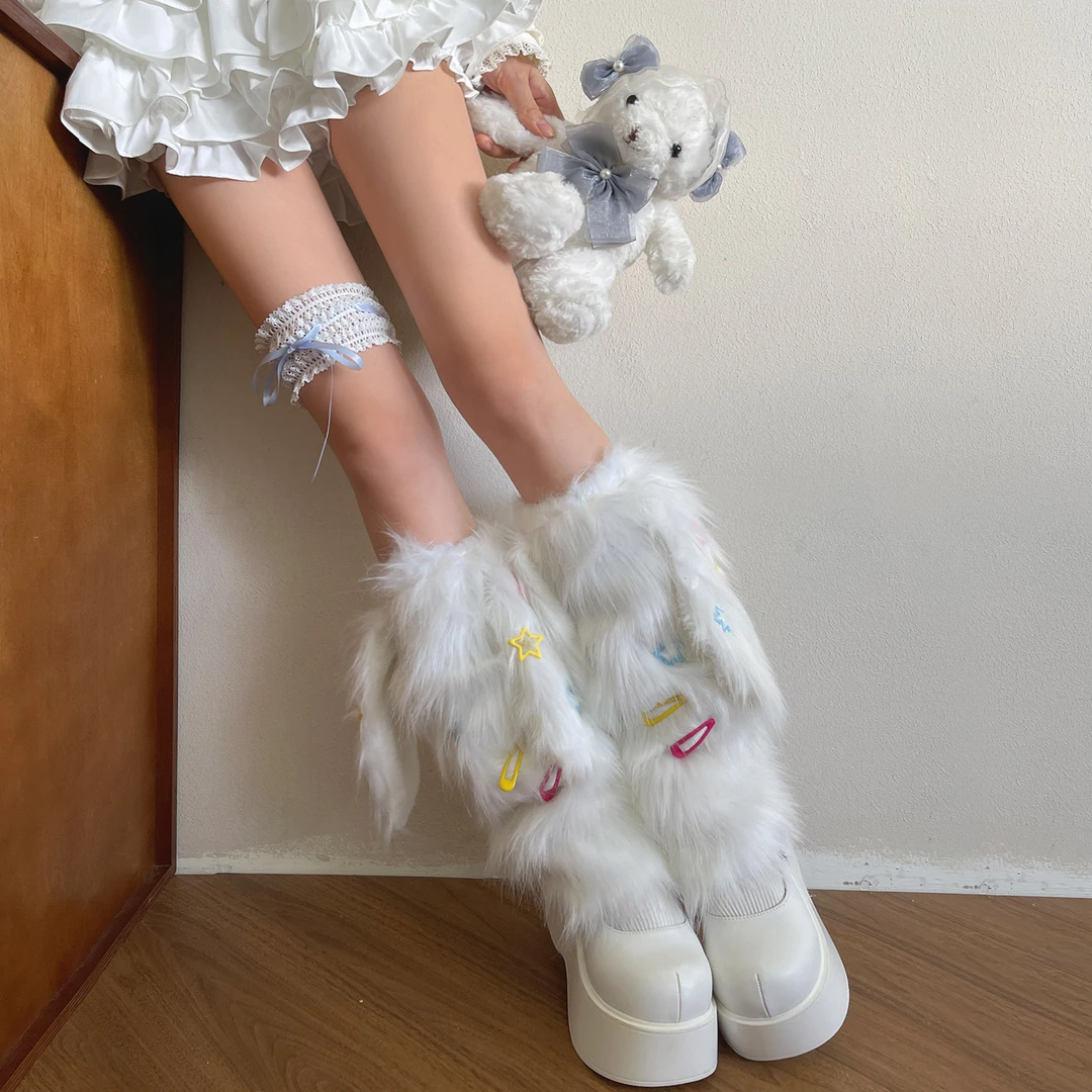 袜贵人冬季新品千禧年Y2K辣妹长毛大兔耳发夹加厚保暖腿套袜套女