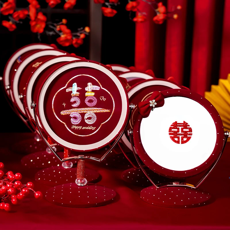 结婚陪嫁喜镜子新娘嫁妆红色创意喜庆出嫁化妆镜一对结婚用品大全